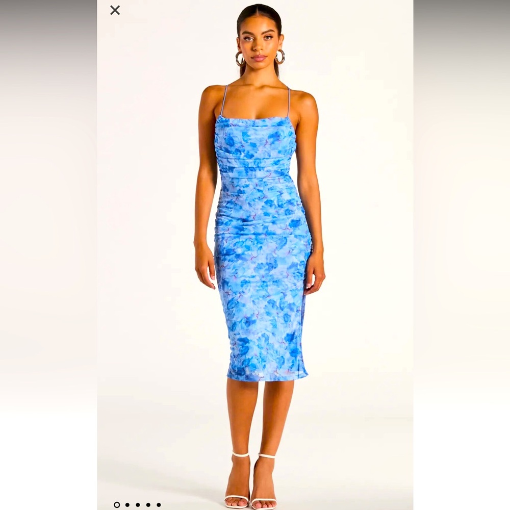 Strappy back, floral, midi dress. Side slit. Blue